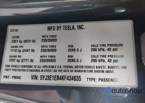 2019 Tesla Model 3 Long Range/Performance from USA, damaged, VIN 5YJ3E1EB4KF434635